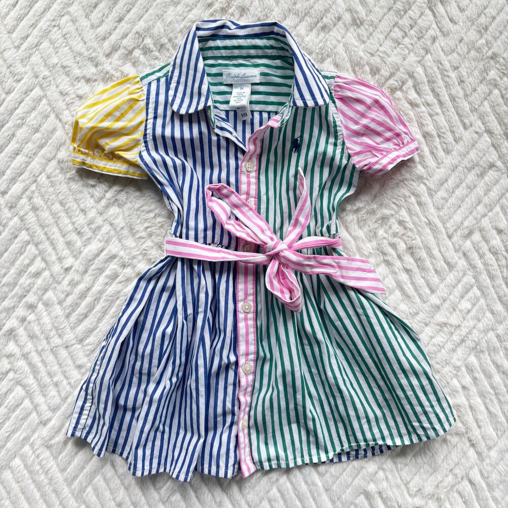 Ralph Lauren 9M Colorblock Stripe Shirt Dress Puff Sleeve Belted Cotton